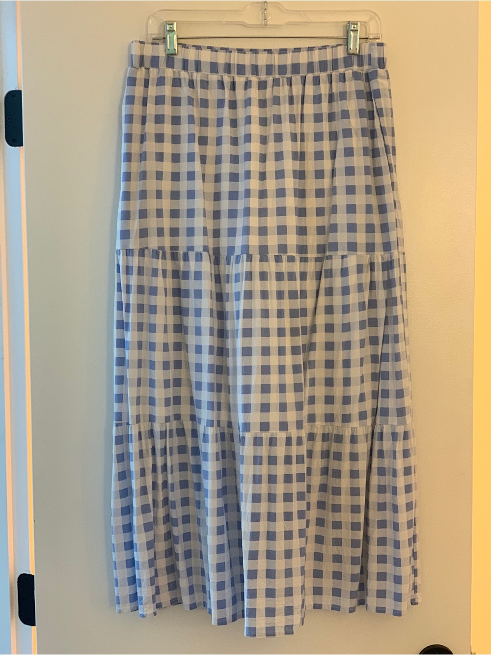 Light Blue and White Gingham Tiered Maxi Skirt
